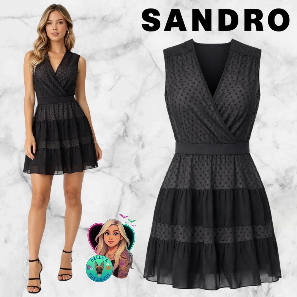 Sandro Paris Women's Small Black Swiss Dot Tiered Ruffle Dress Coquette Luxury